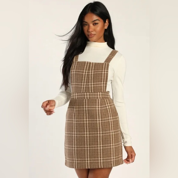 Plaid to Be Yours Beige and Brown Plaid Pinafore Mini Dress - Picture 2 of 8